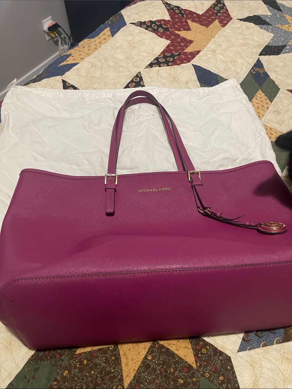 Michael Kors Fuchsia Leather Tote with Gold Hardware